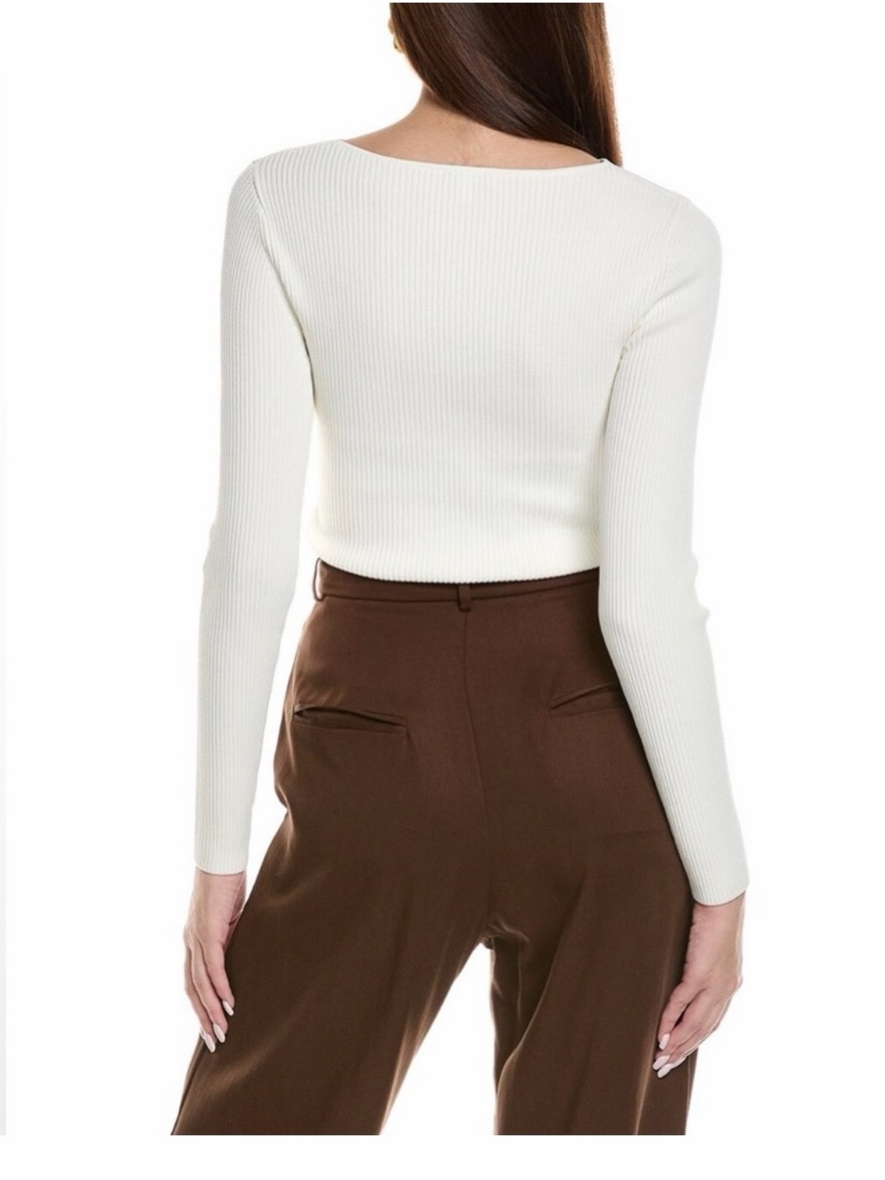 Reiss Cream Ribbed Wrap-Front Long Sleeve Top - Picture 3 of 8